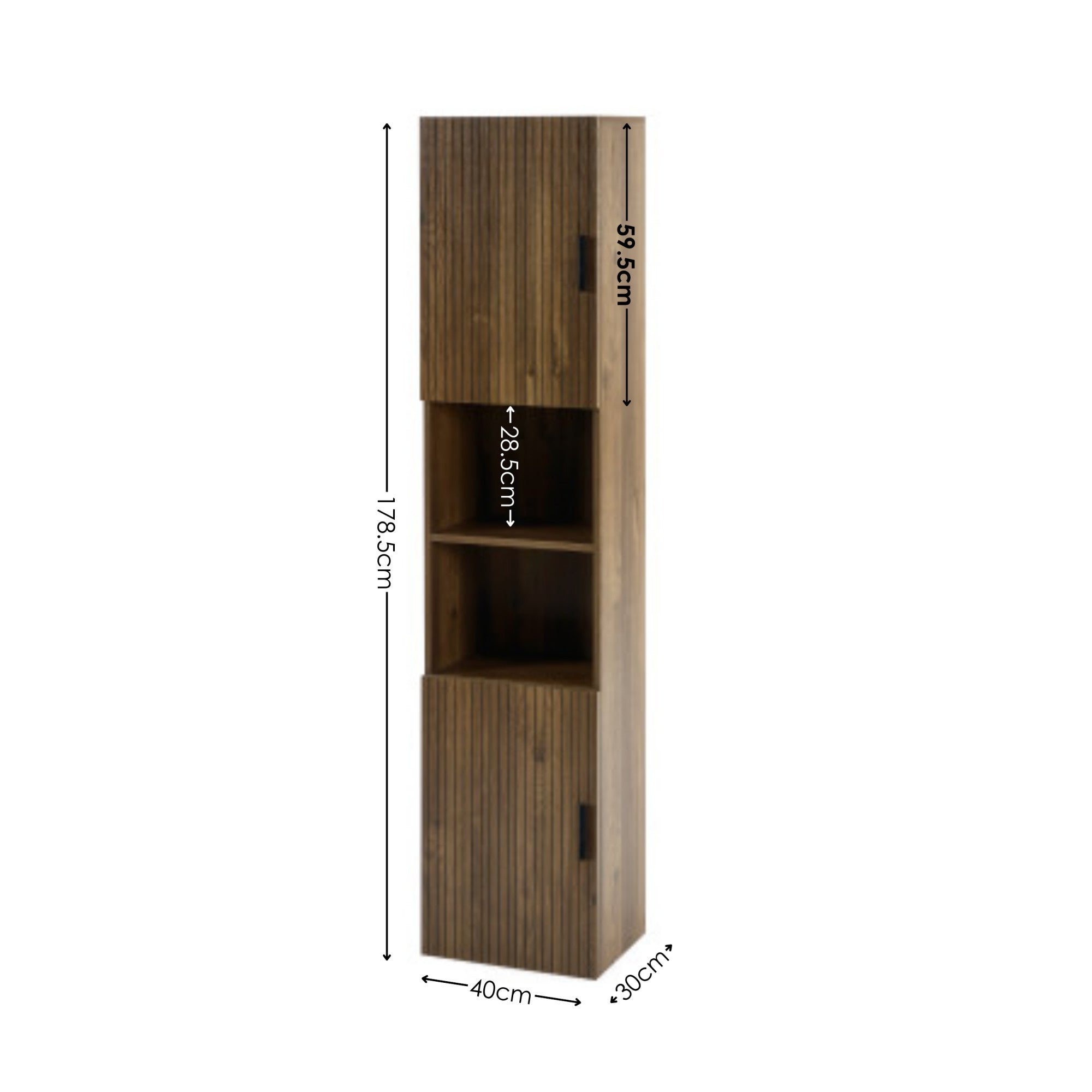 Tall wooden bathroom cabinet with two doors, open middle shelves, dark wood finish, and visible dimensions