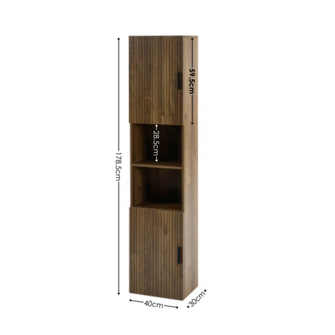 Tall wooden bathroom cabinet with two doors, open middle shelves, dark wood finish, and visible dimensions