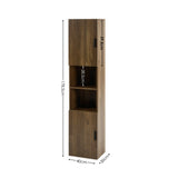 Tall wooden bathroom cabinet with two doors, open middle shelves, dark wood finish, and visible dimensions