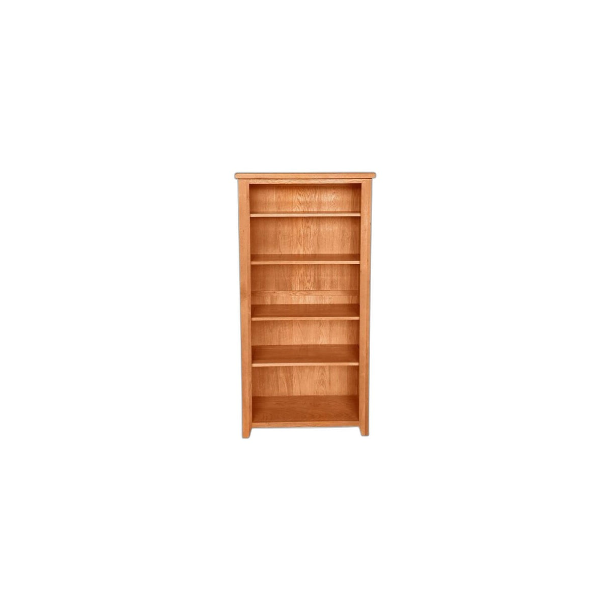 Tall oak bookcase with five shelves and natural wood grain finish