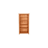Tall oak bookcase with five shelves and natural wood grain finish