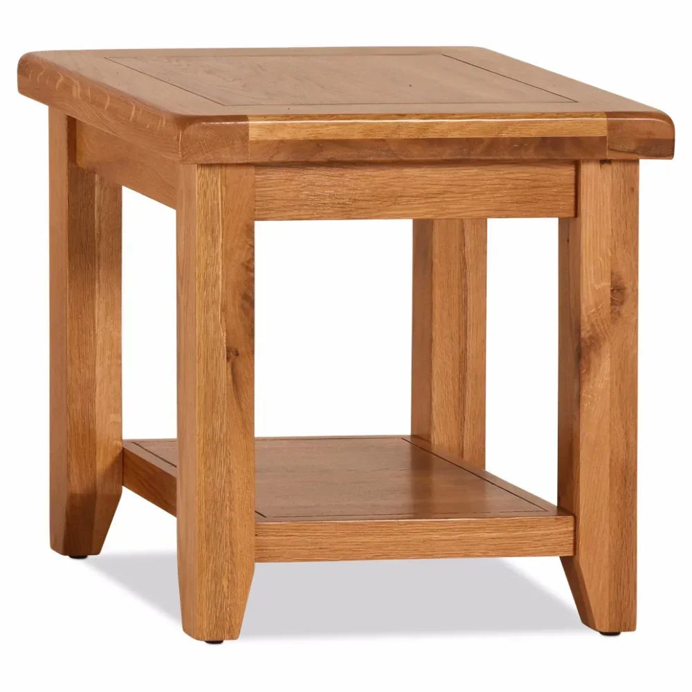 Oak lamp table with sturdy square legs and lower shelf, natural wood finish