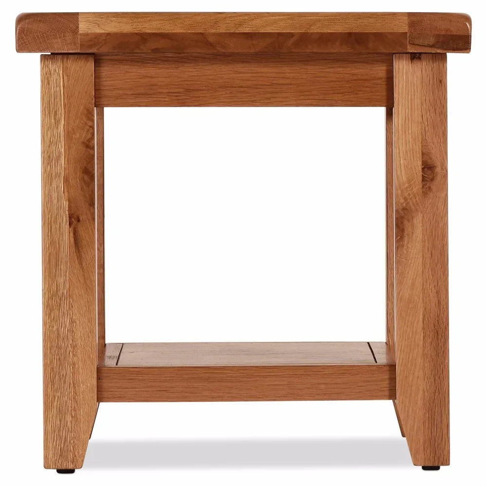 Solid oak lamp table with lower shelf, natural finish, front view