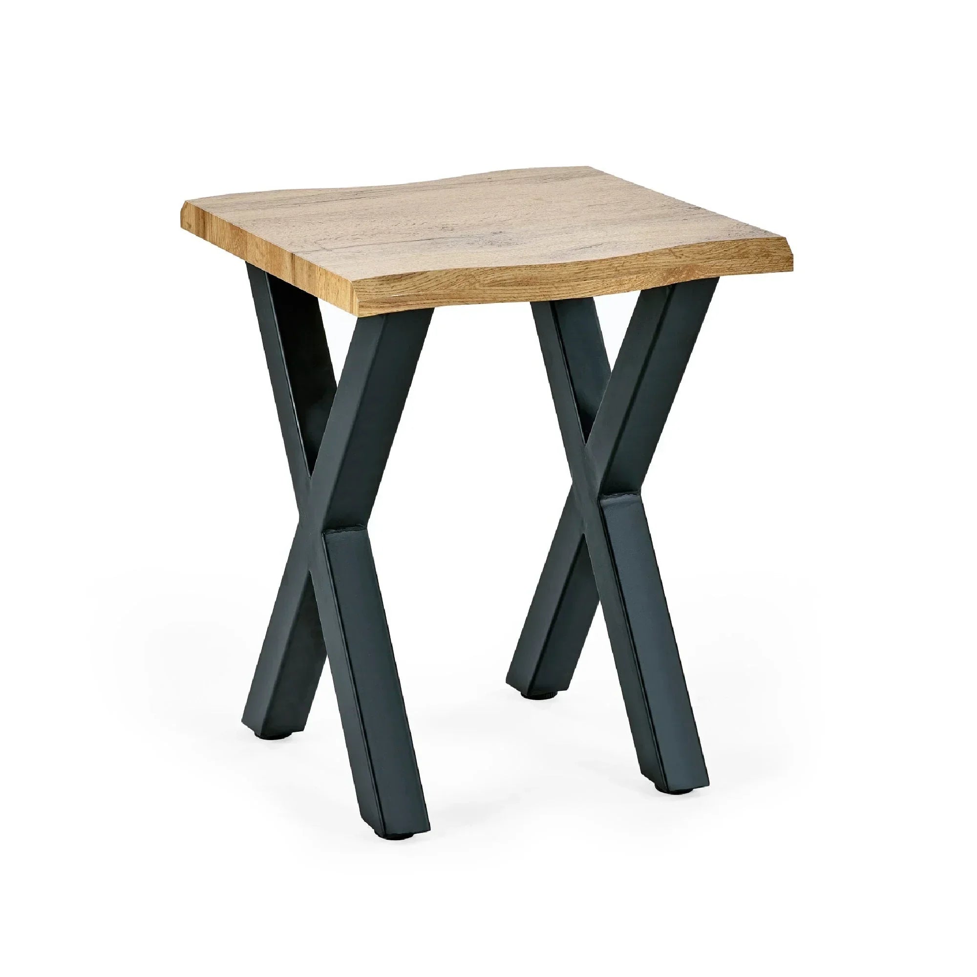 modern lamp table with natural wood top and black crossed metal legs