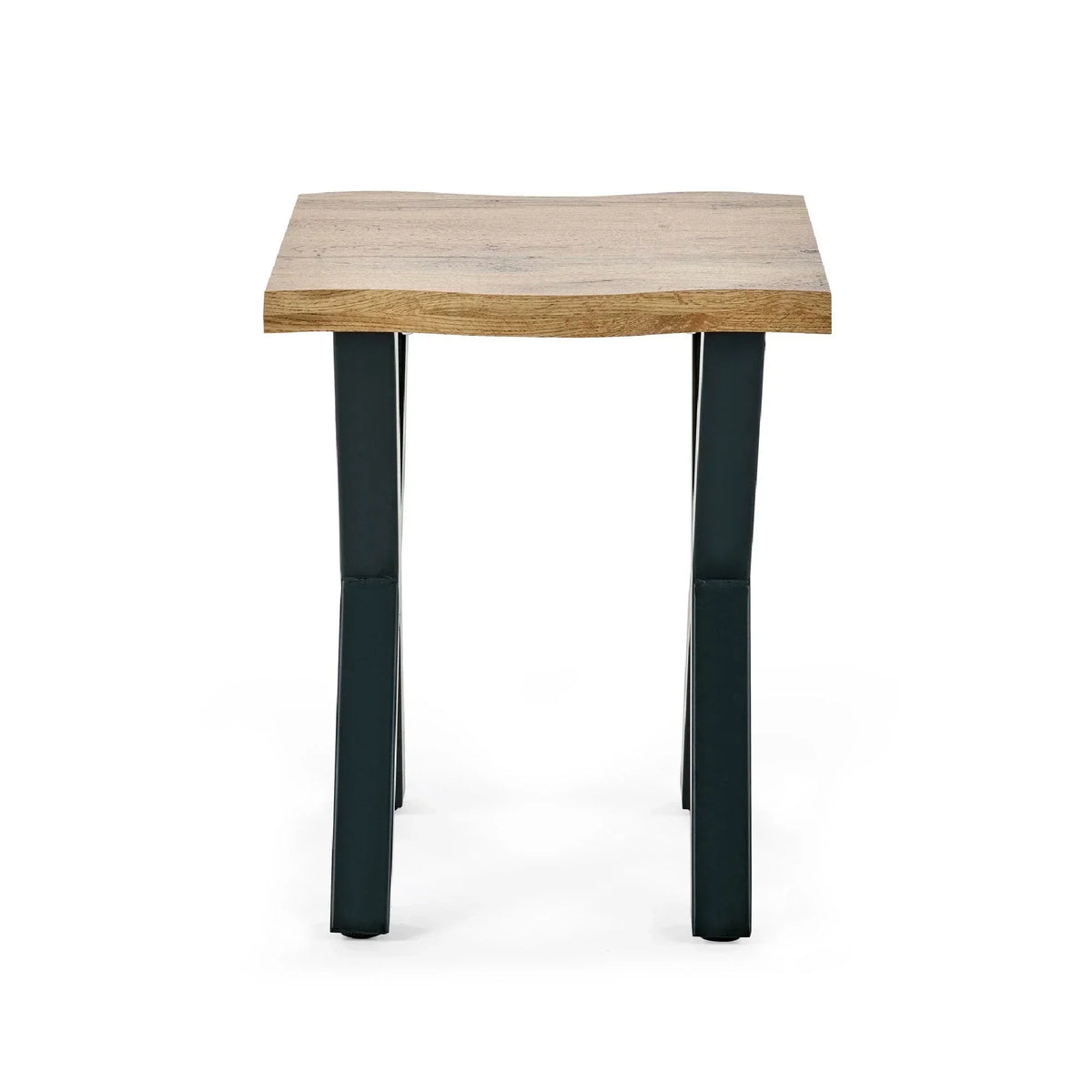 lamp table with natural wood top and black metal legs, front angle view
