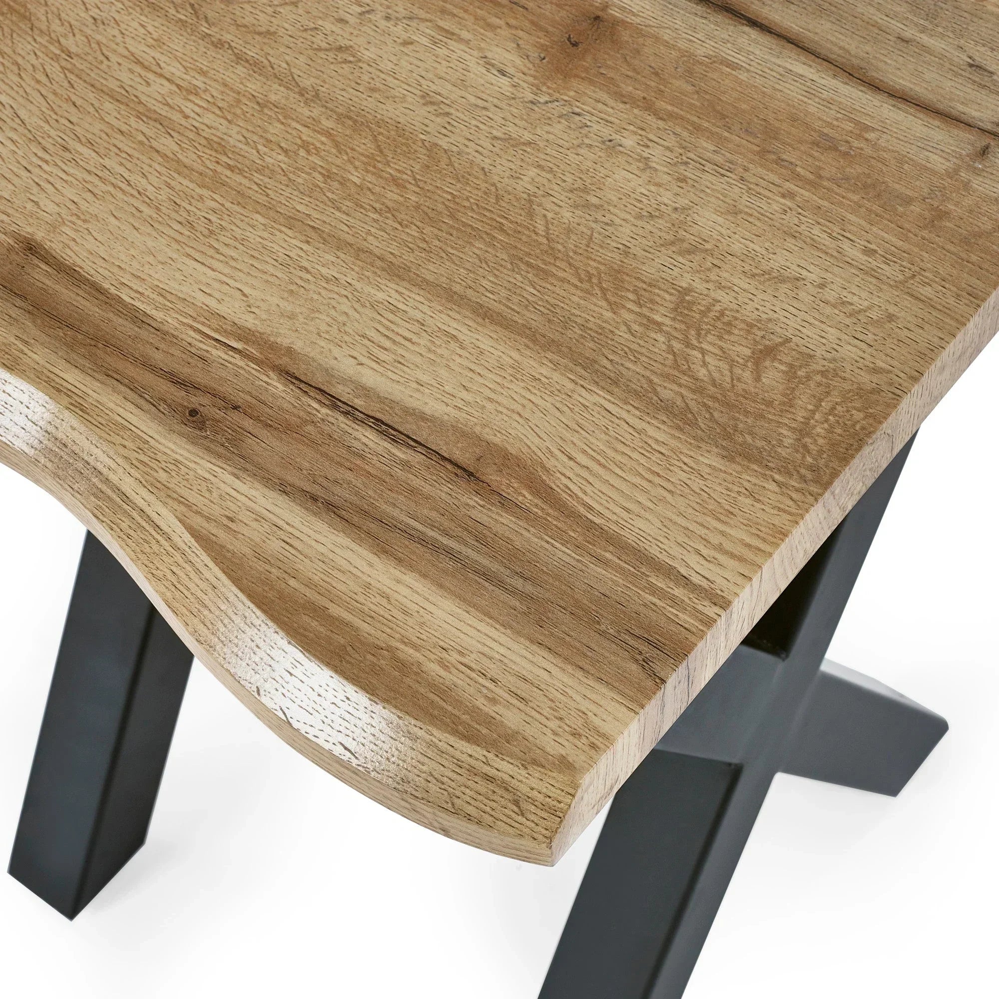 Close-up of lamp table with natural wood top and black angled legs