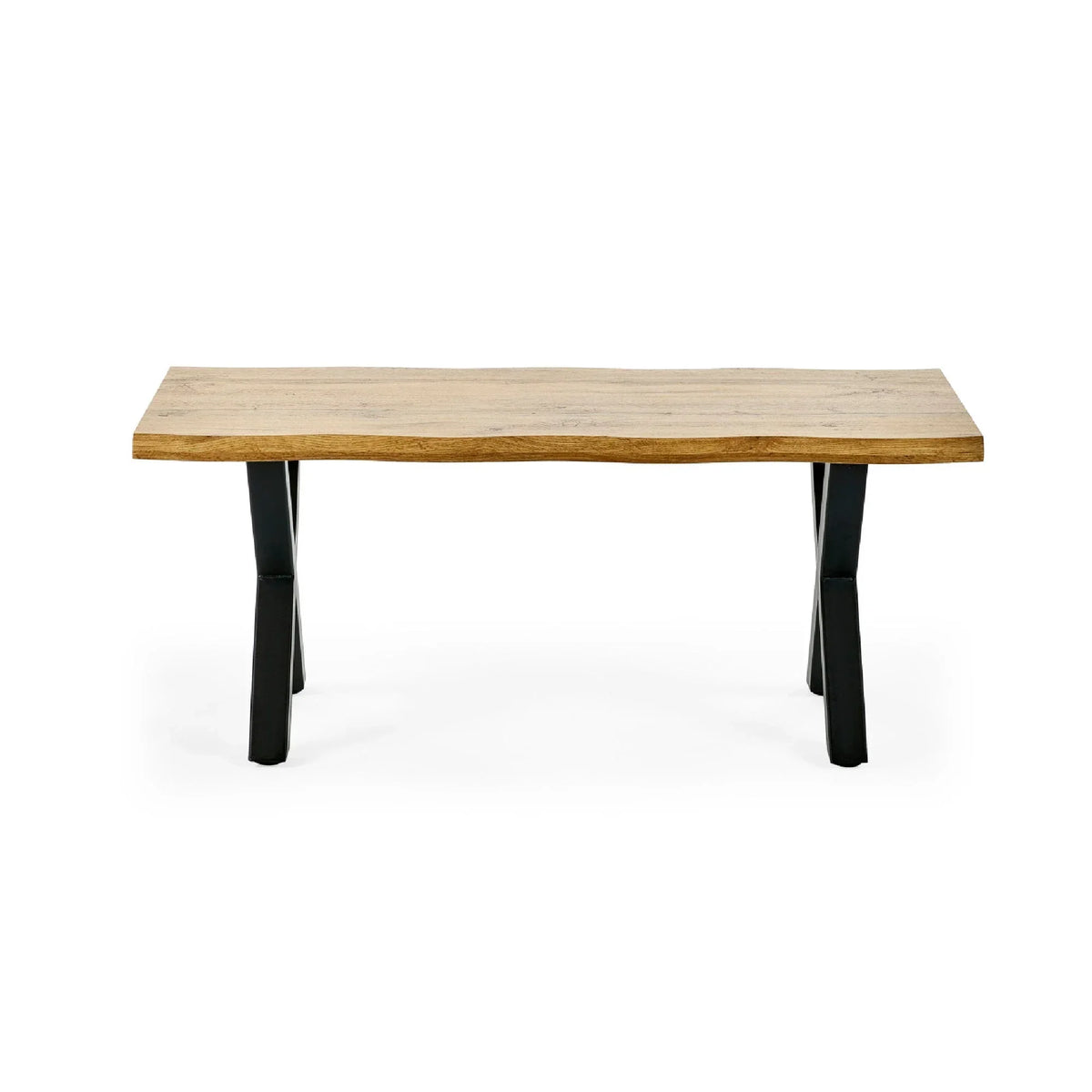 Rectangular coffee table with natural wood top and black metal legs on white background