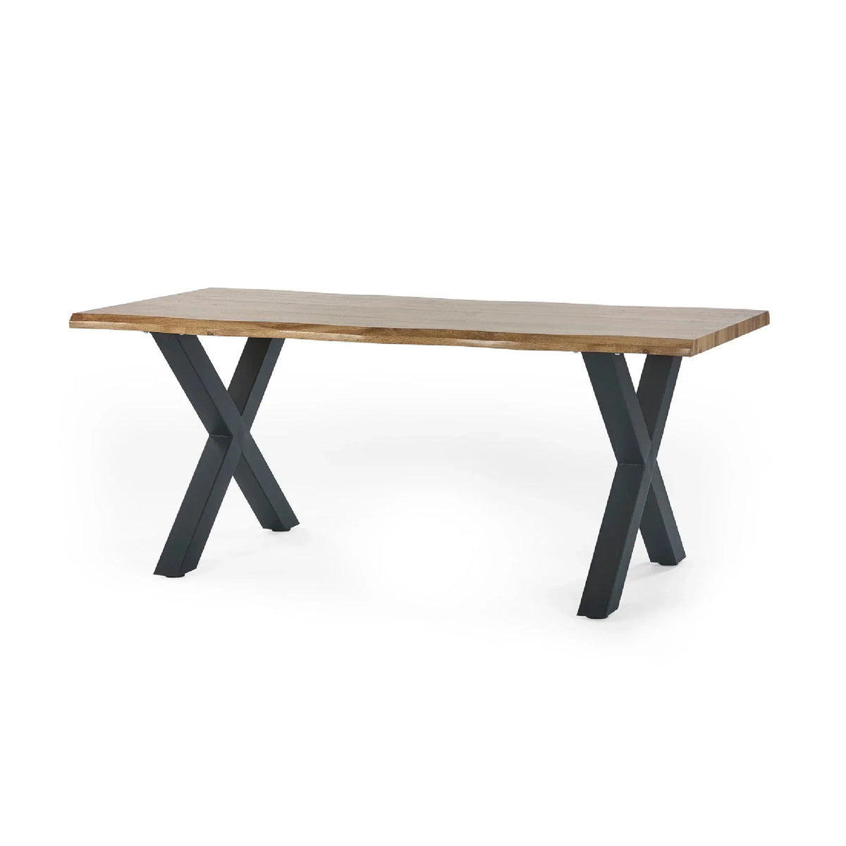 Wood dining table with black metal X-frame legs on white background