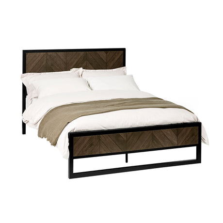 Three quarter angled view of herringbone bed with white bedding and olive throw on white background