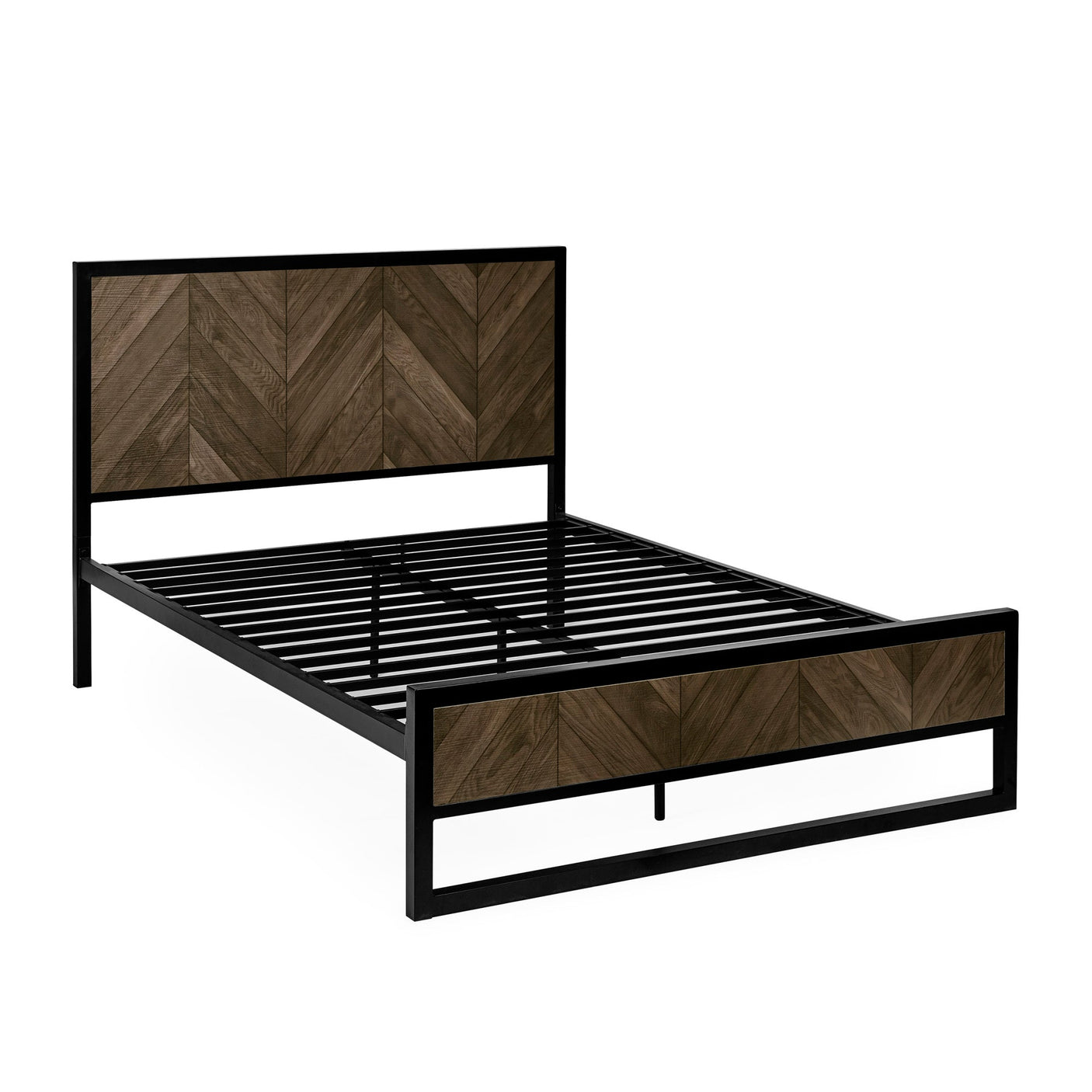 Empty herringbone bed frame with black metal slats, dark wood headboard and footboard on white background