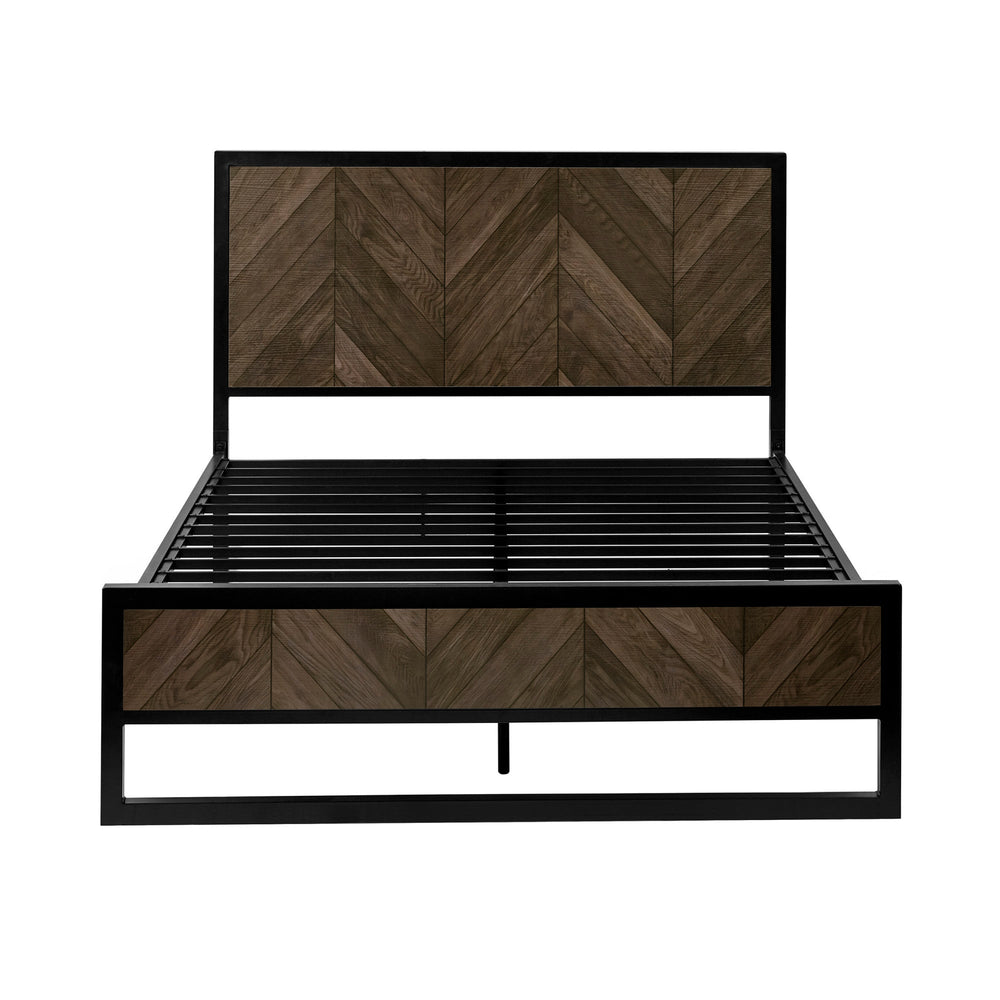 Empty herringbone bed frame showing side profile with black metal base and dark wood panels on white background