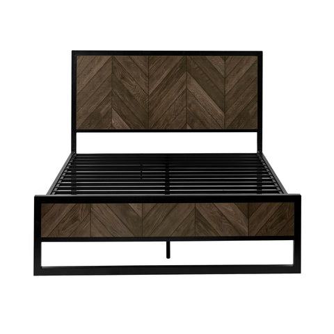 Empty herringbone bed frame showing side profile with black metal base and dark wood panels on white background