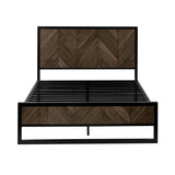 Empty herringbone bed frame showing side profile with black metal base and dark wood panels on white background
