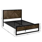 Double bed frame with black metal and dark wood herringbone pattern headboard and footboard, side and front view