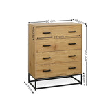Oak finish chest of drawers with black metal frame and handles, dimensions marked in centimeters