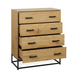 Oak chest of drawers with black metal handles and open drawers on metal frame base