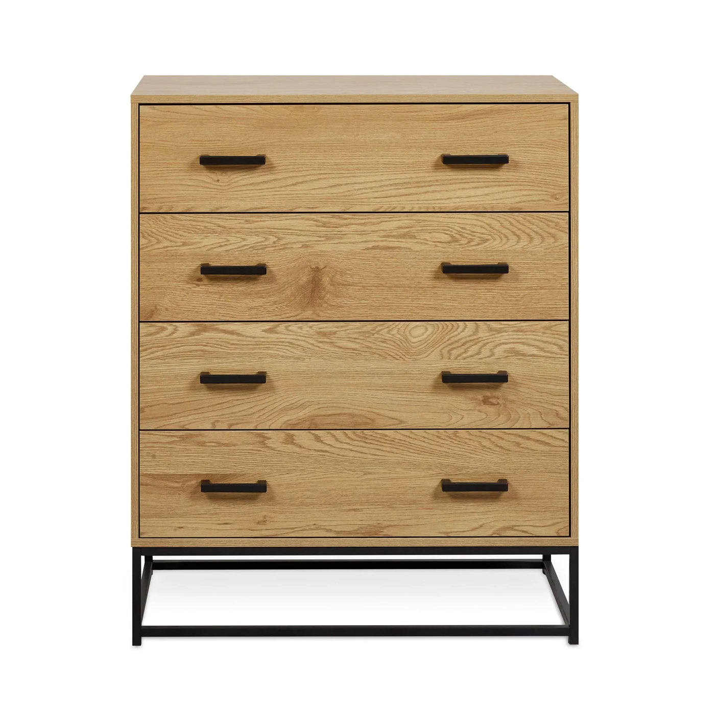 Oak chest of drawers with black metal handles and base, modern bedroom storage furniture