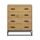 Oak chest of drawers with black metal handles and base, modern bedroom storage furniture