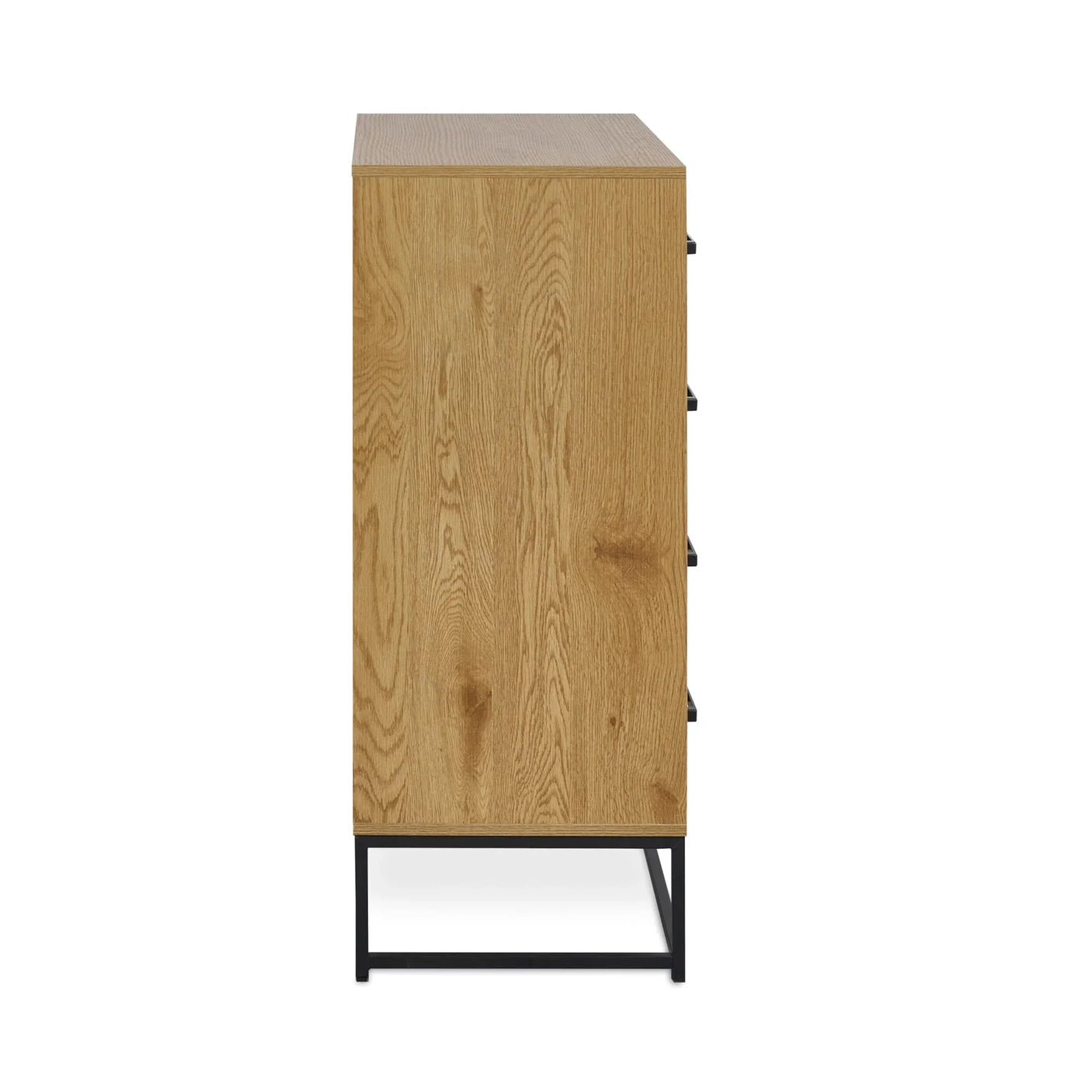 Side view of oak wood chest of drawers with black metal base