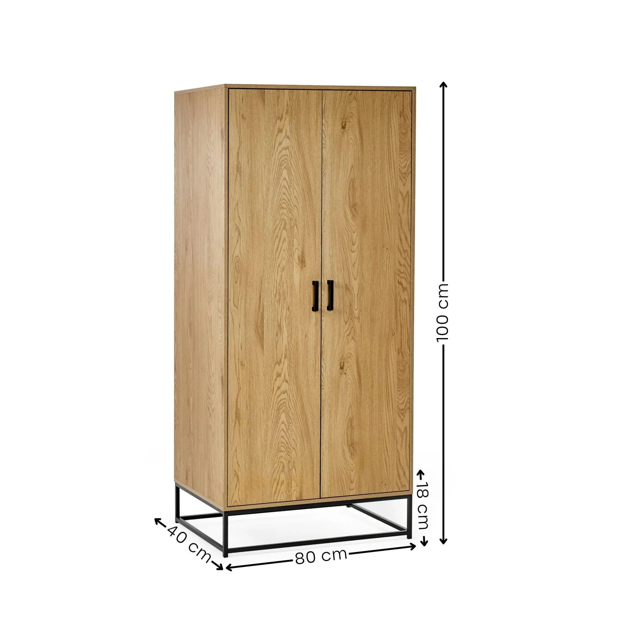 Oak wardrobe with black metal handles and frame, dimensions marked as 100x80x40 cm
