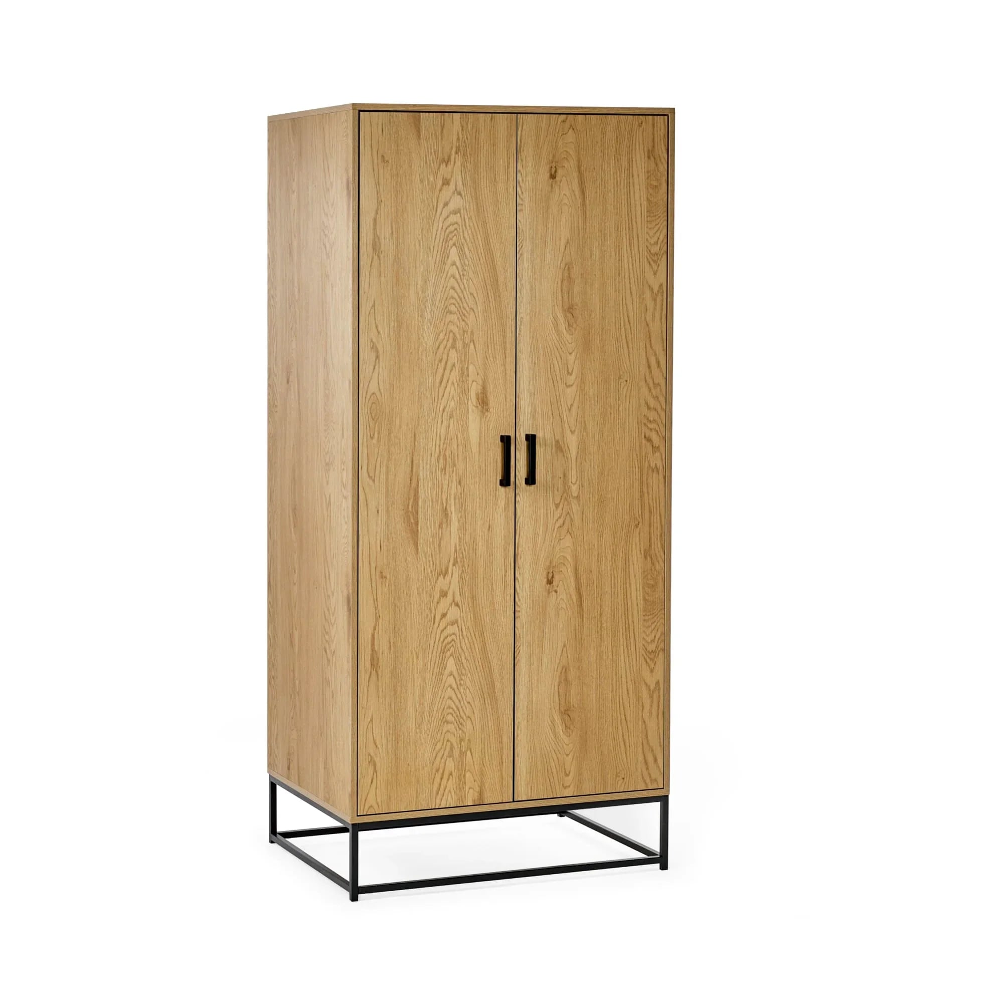 Oak wardrobe with black metal legs and handles, two-door front, modern wood grain finish