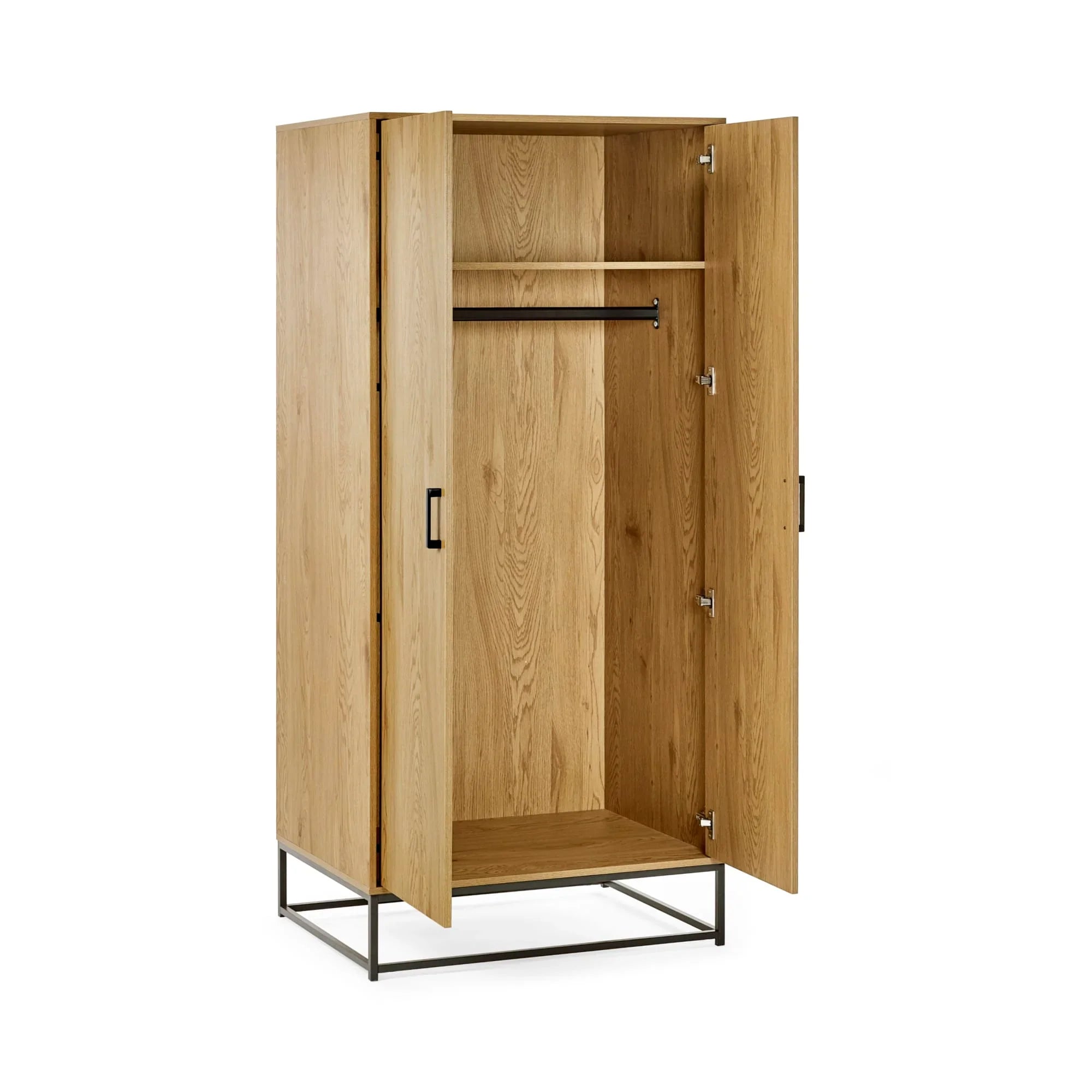Oak wardrobe with black metal frame, open doors, hanging rail and top shelf visible