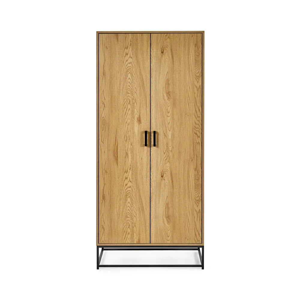 Tall oak wardrobe with black metal legs and handles, two doors, modern minimalist style