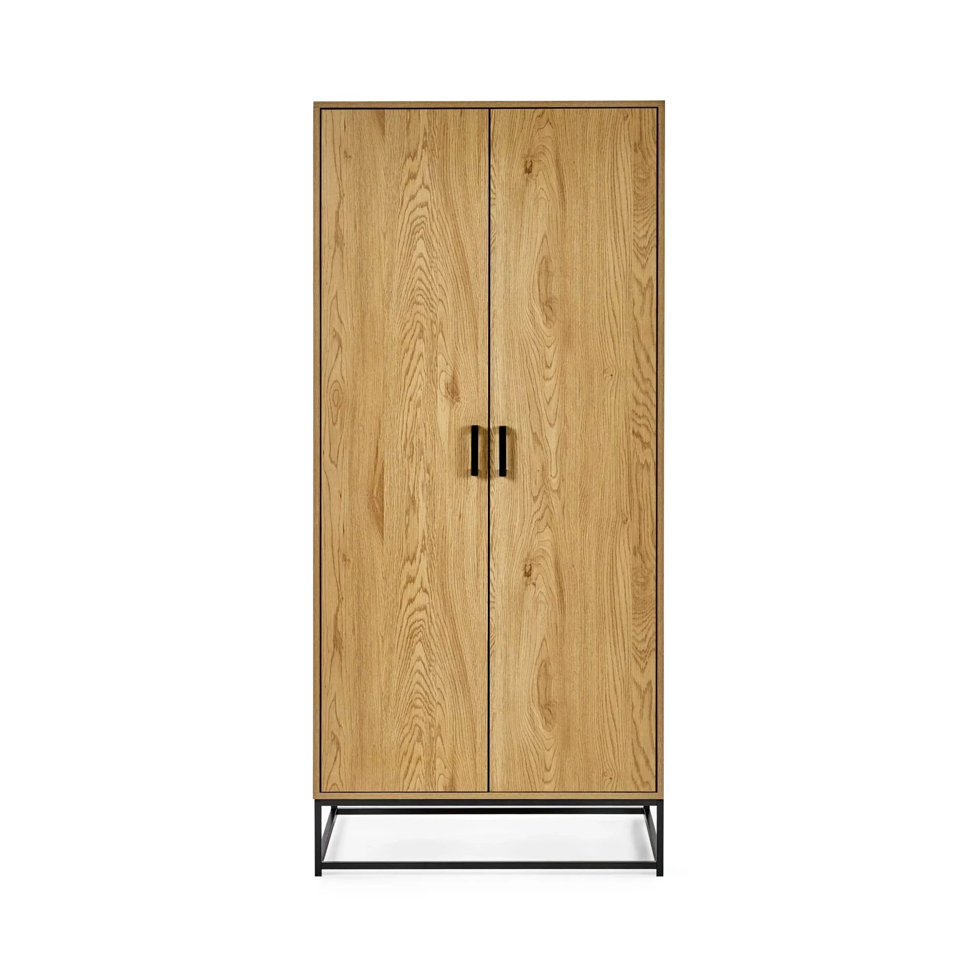 Tall oak wardrobe with black metal legs and handles, two doors, modern minimalist style