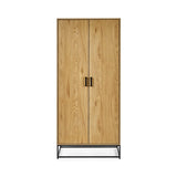 Tall oak wardrobe with black metal legs and handles, two doors, modern minimalist style