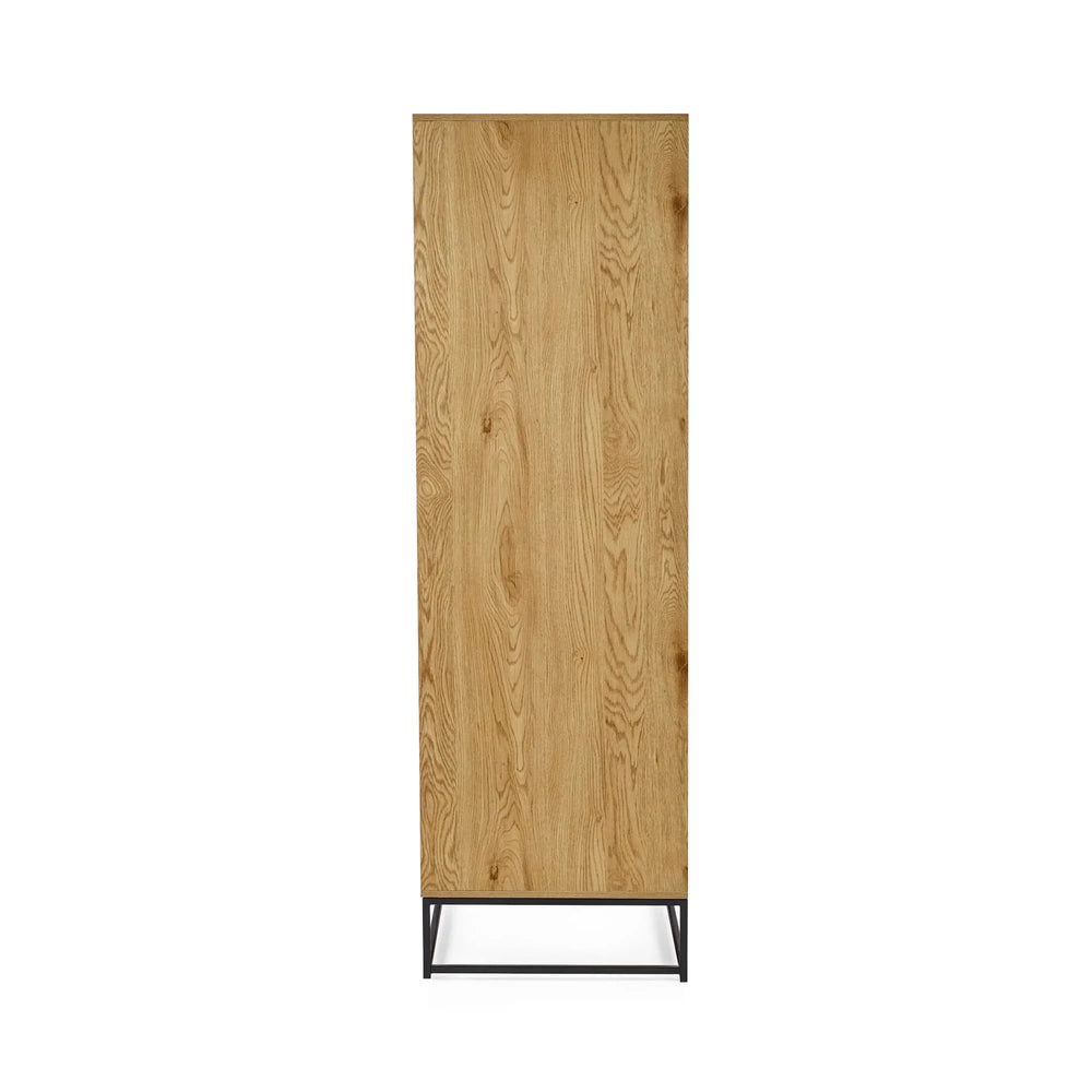 Oak wardrobe with wood grain finish and black metal legs, front view