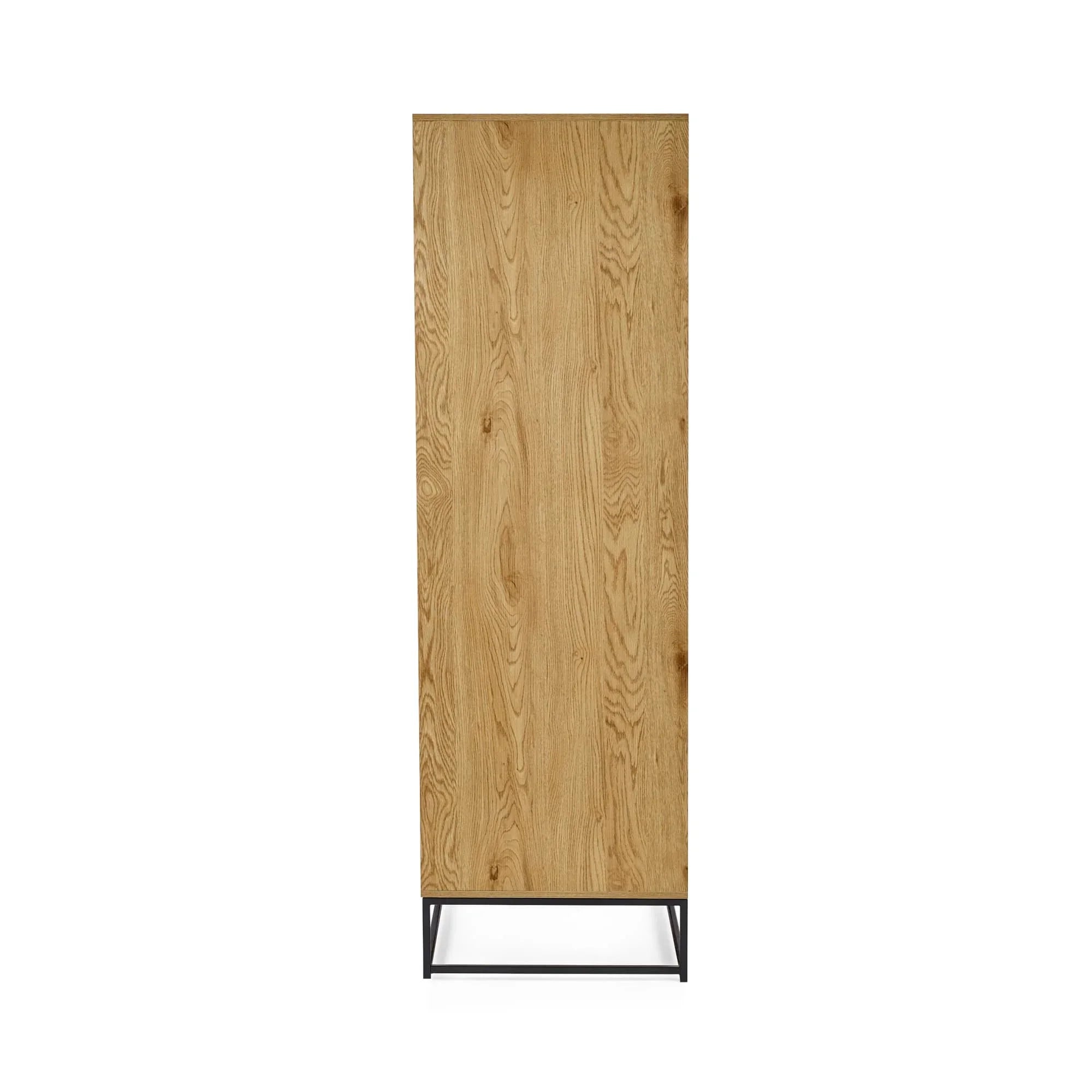 Oak wardrobe with wood grain finish and black metal legs, front view