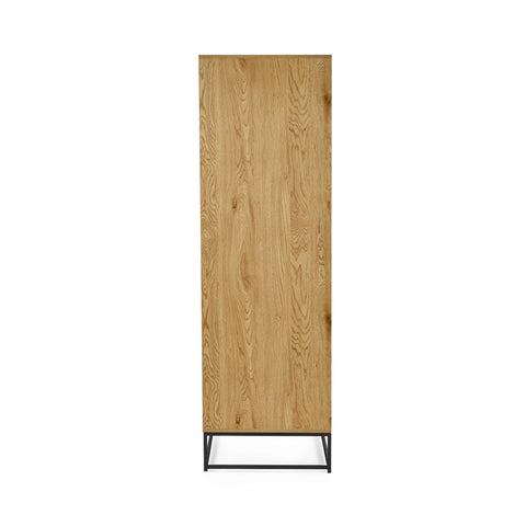Oak wardrobe with wood grain finish and black metal legs, front view