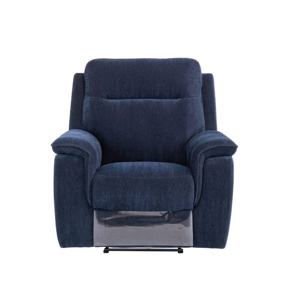 Blue fabric recliner armchair with cushioned seat and wide armrests, front view