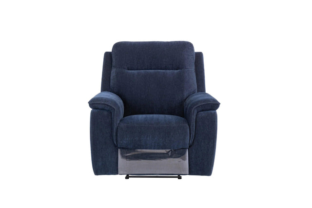Blue fabric recliner armchair with cushioned seat and wide armrests, front view