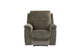 Green fabric recliner armchair with padded seat and wide armrests, front view