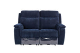 Blue fabric two seater recliner sofa with padded armrests, front view on white background
