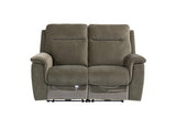 Green fabric recliner sofa with padded armrests, shown from the front