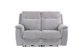 Silver grey fabric two-seater sofa with cushioned armrests and high back, front view