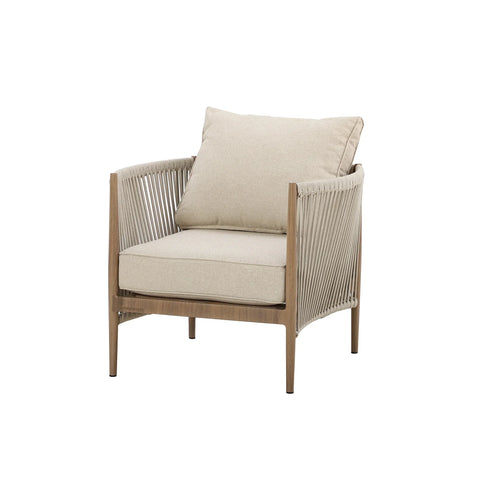 Beige rope armchair with cushioned seat and back, wooden frame, front angle view