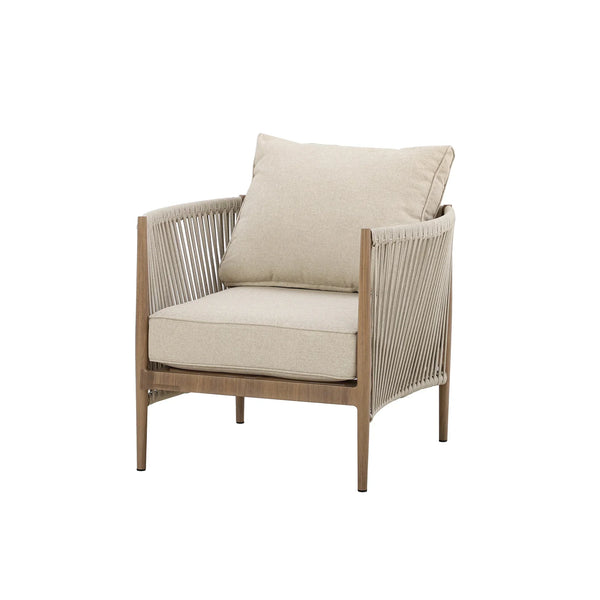 Beige rope armchair with cushioned seat and back, wooden frame, front angle view
