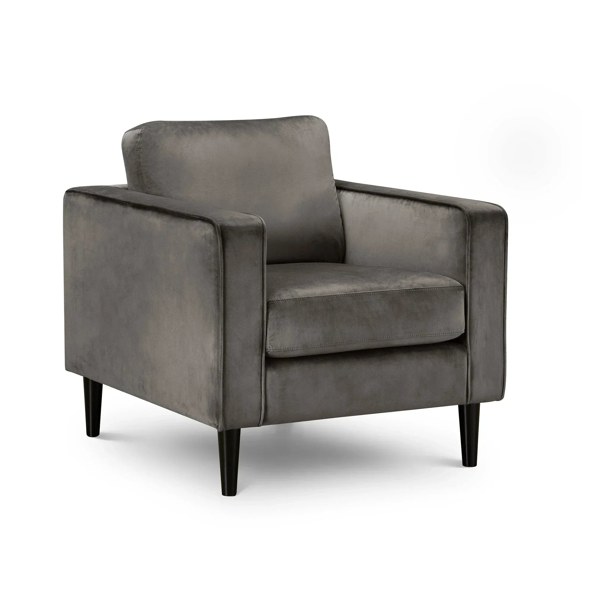 Grey velvet armchair with square arms and tapered wooden legs on white background
