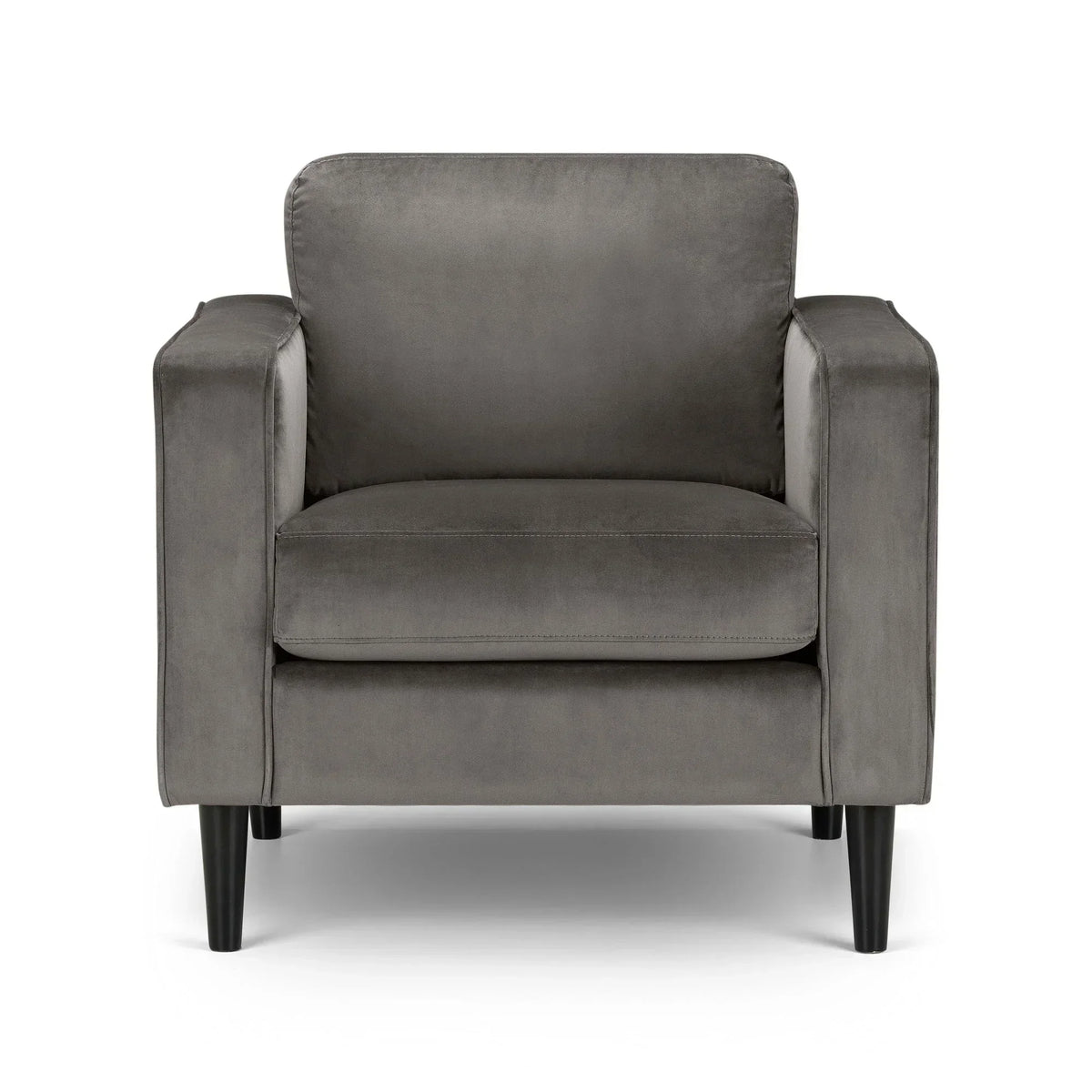 Grey velvet armchair with square arms and black legs, front view