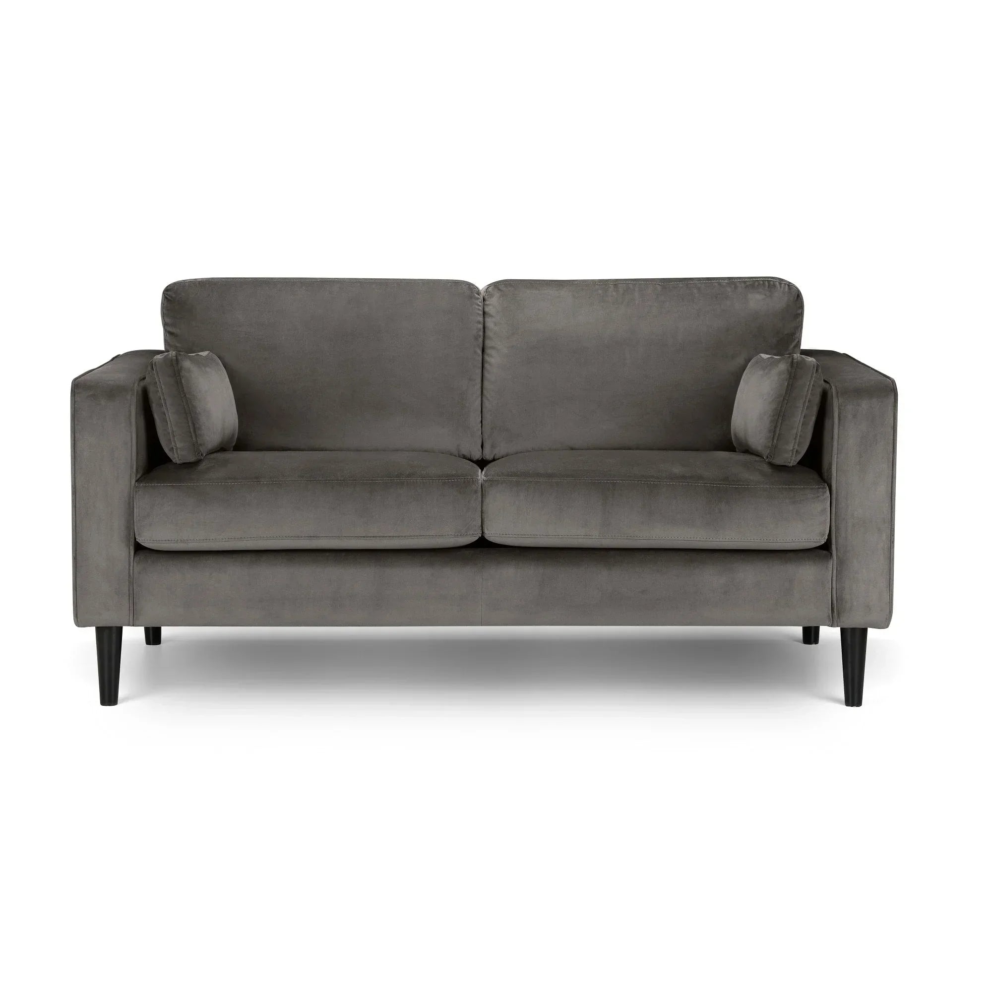 Grey velvet sofa with square arms and black legs, two seat cushions, front view