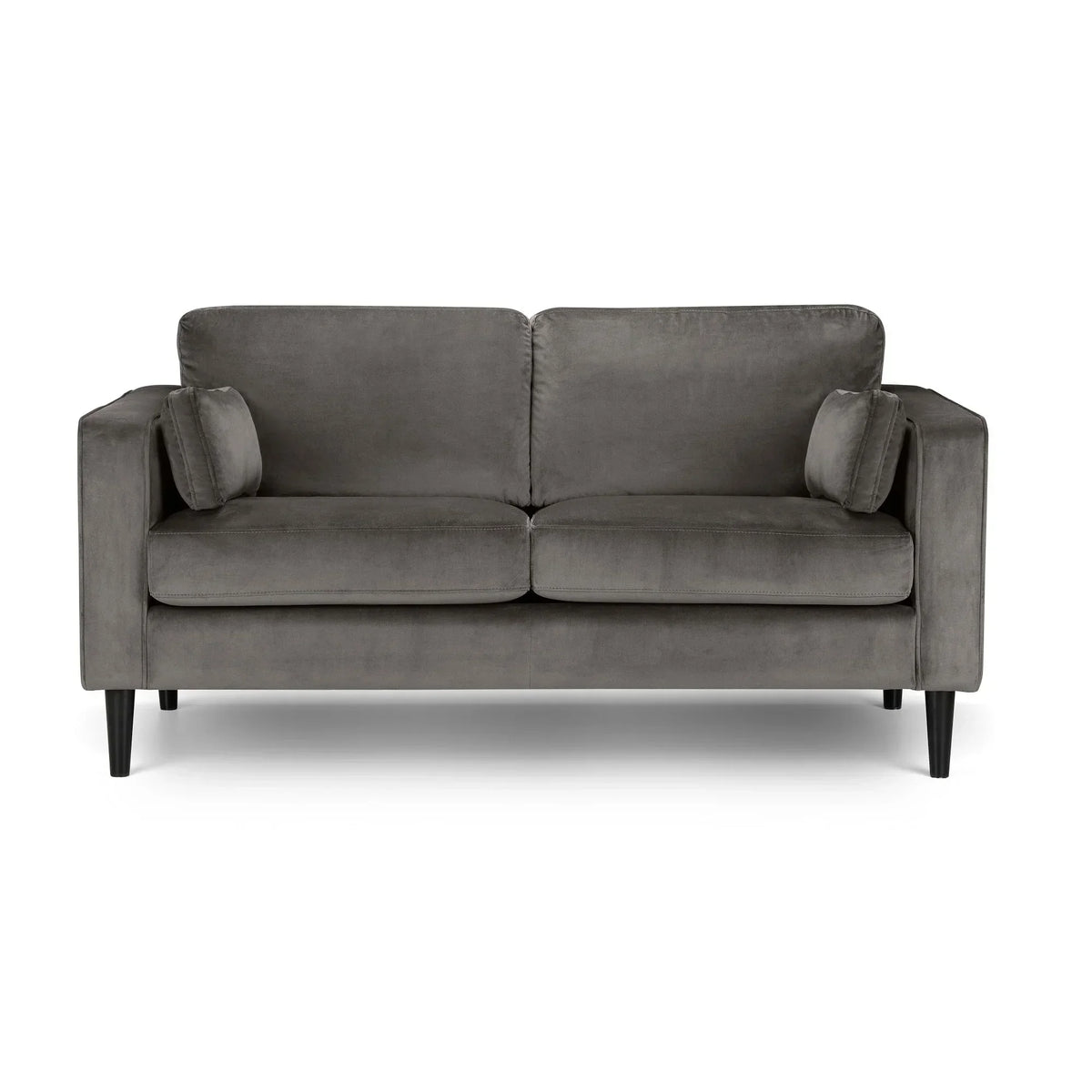Grey velvet sofa with square arms and black legs, two seat cushions, front view