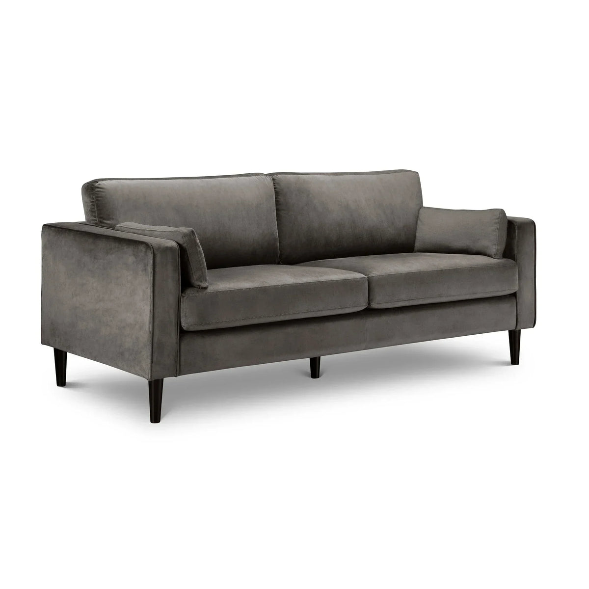 Grey three seater sofa with clean lines, plush cushions, and tapered black legs