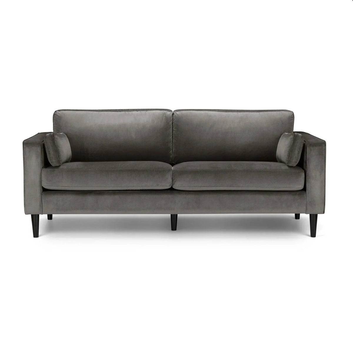 Grey velvet three seater sofa with slim black legs and matching bolster cushions, front view