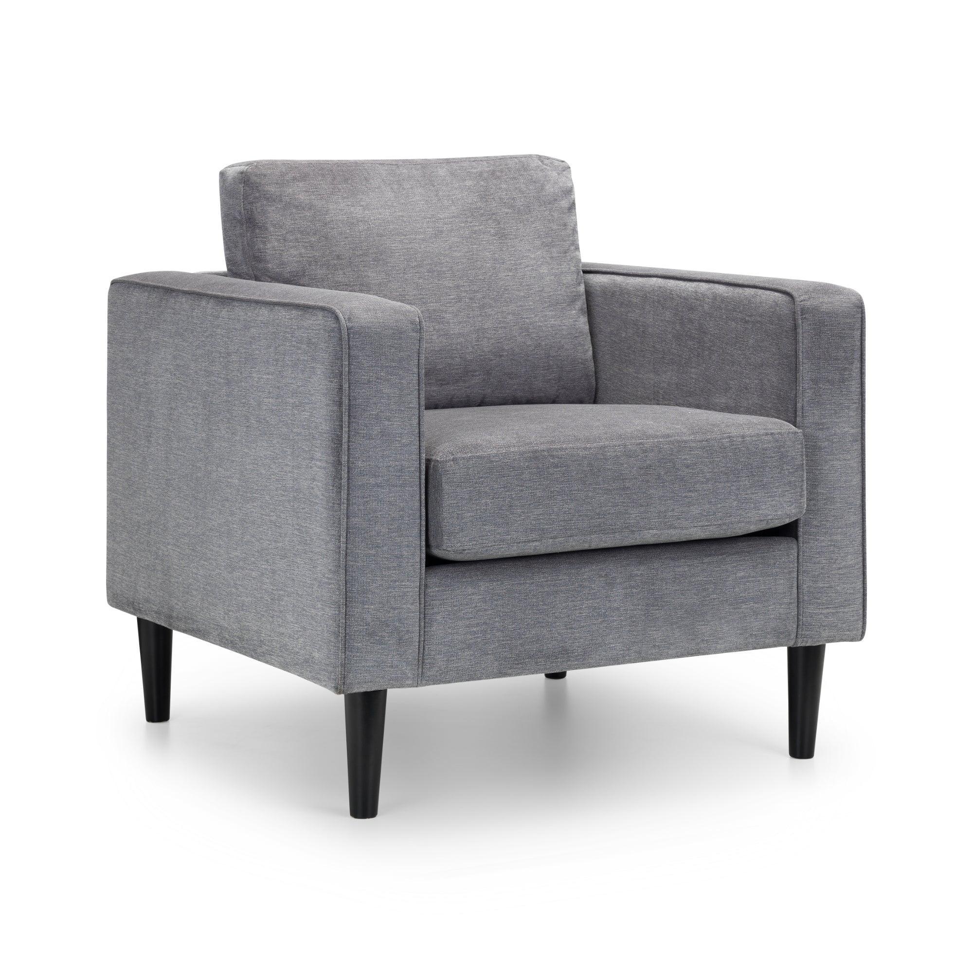 Dark grey chenille armchair with boxy design and black wooden legs front angle
