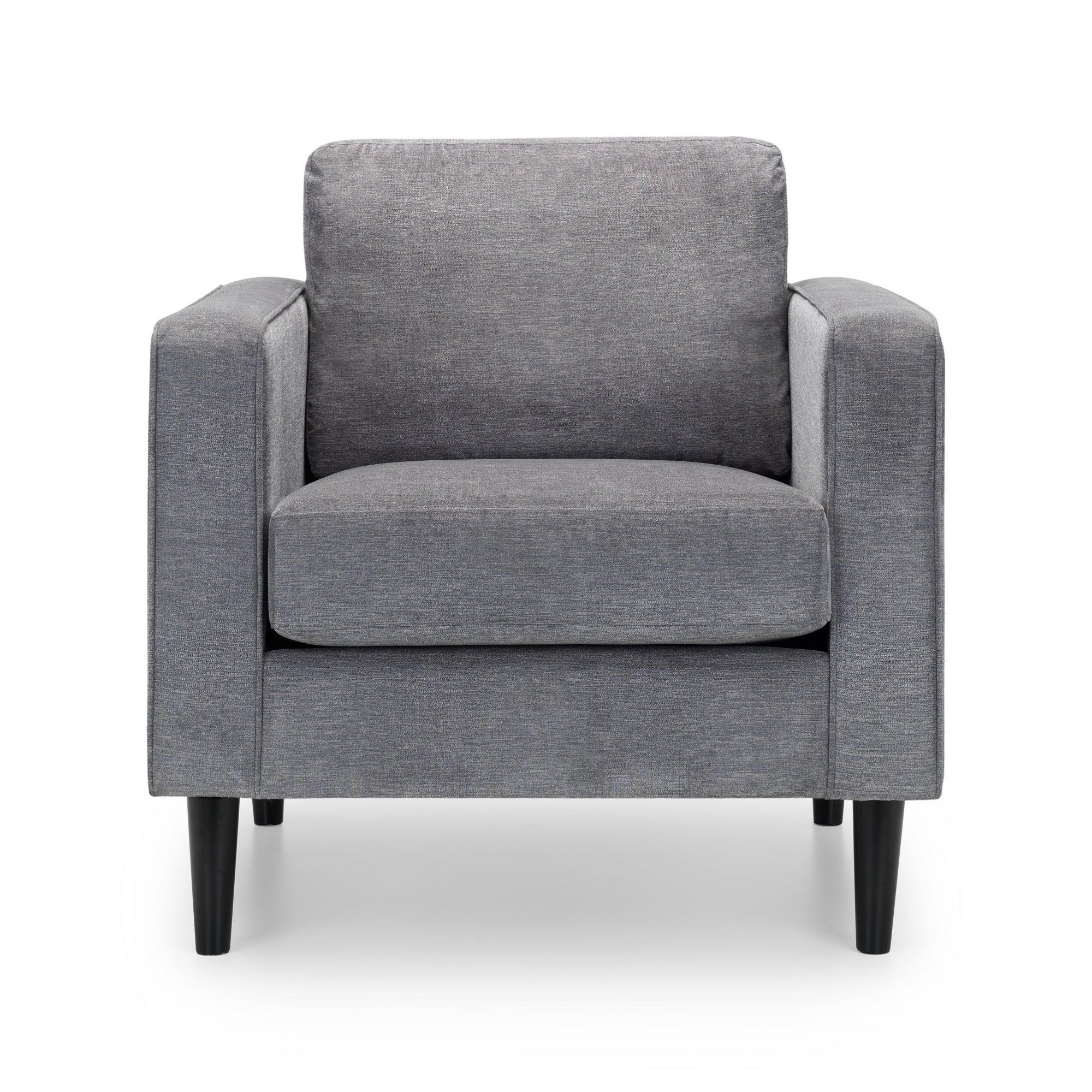 Dark grey chenille armchair with square arms and tapered black legs, front view