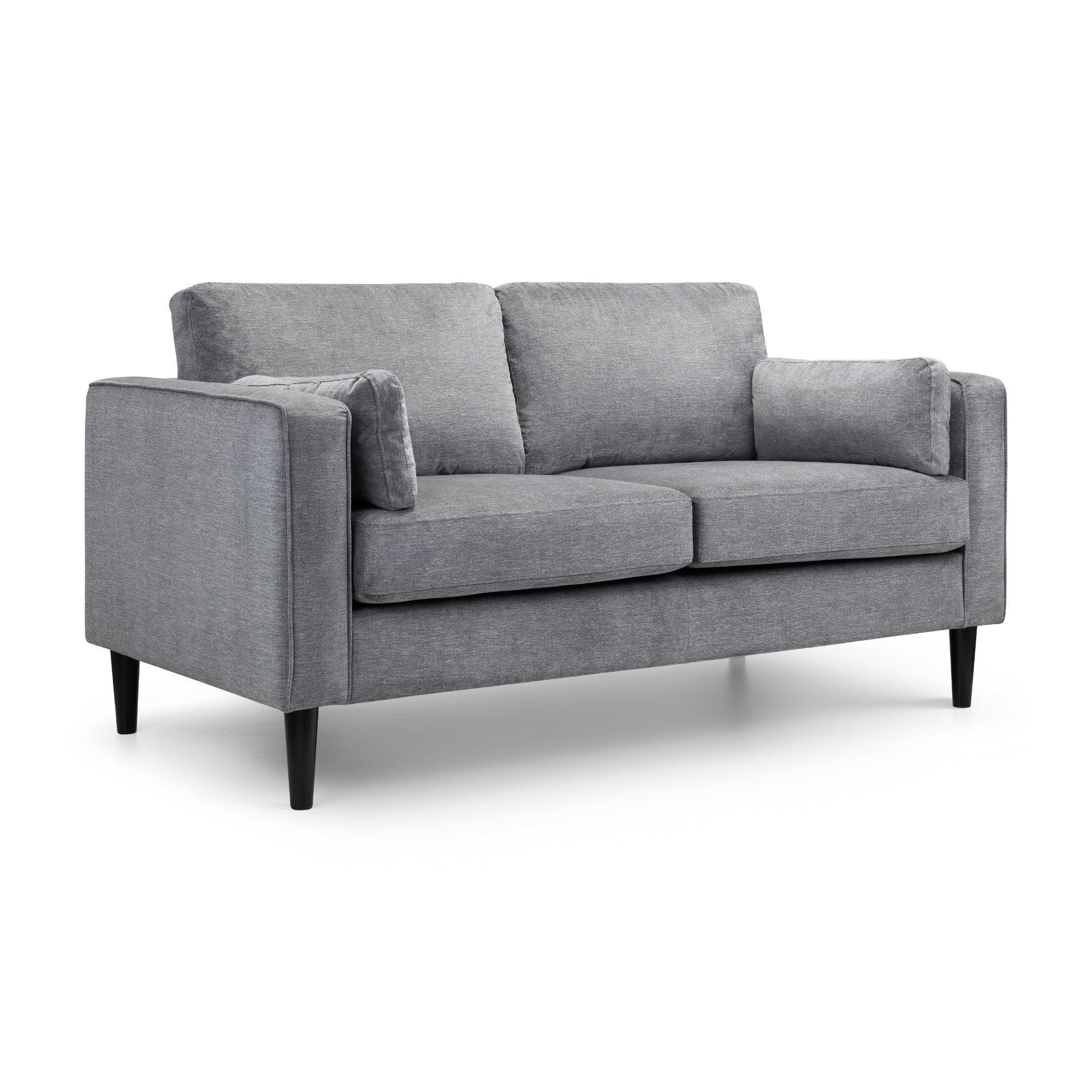 Dark grey chenille 2 seater sofa with straight arms and wooden legs on white background