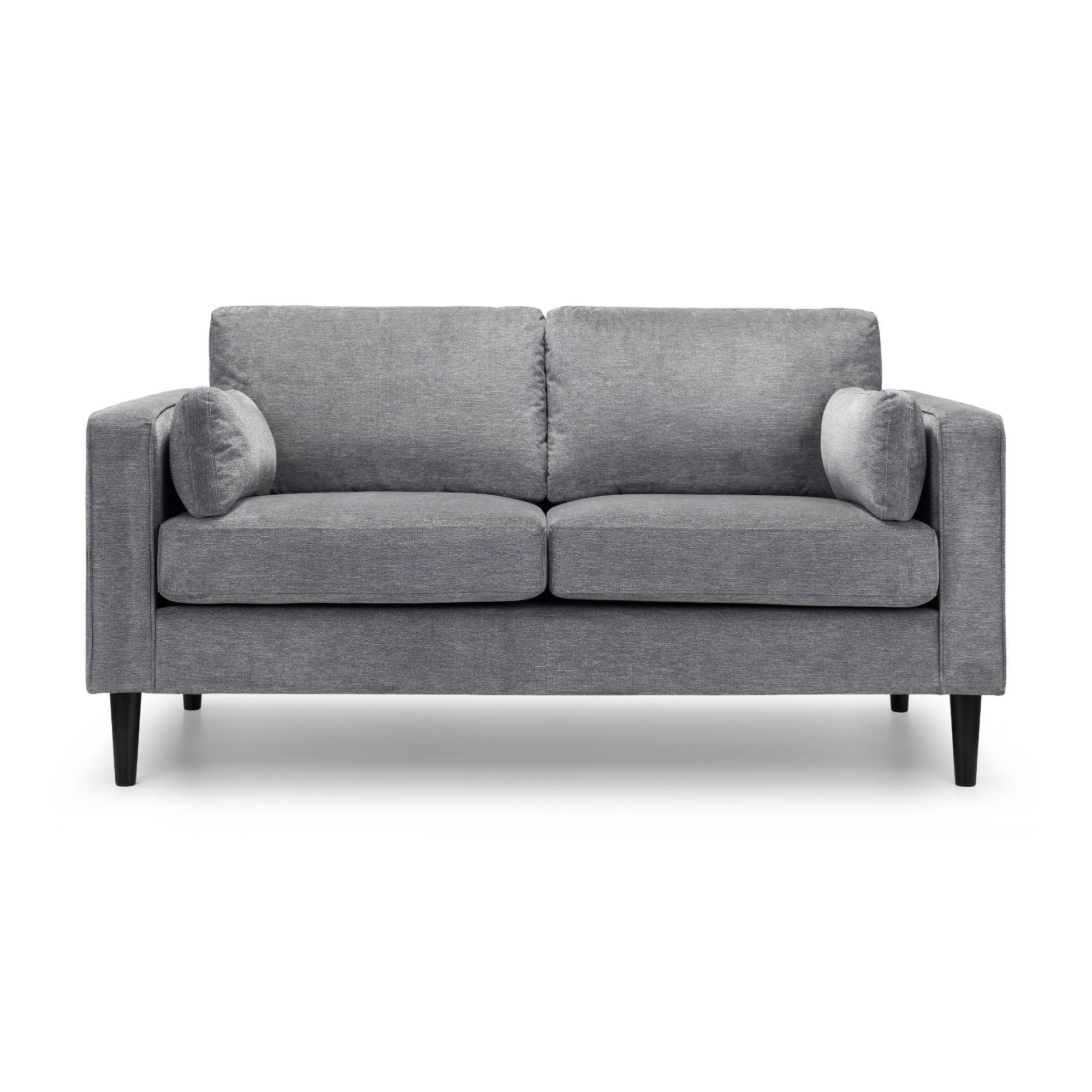 Dark grey chenille 2 seater sofa with square armrests and black tapered legs